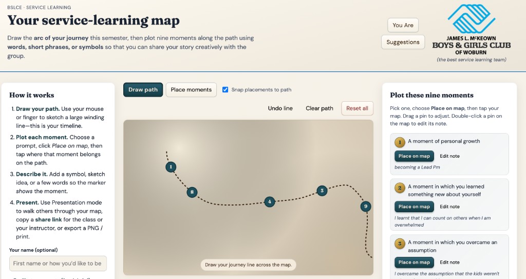Screenshot of the service-learning reflection map website for BSLCE and Woburn students