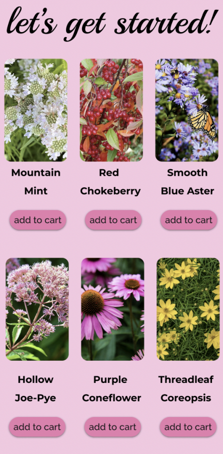 Plant selection interface concept with add-to-cart flow for pollinator-friendly gardens
