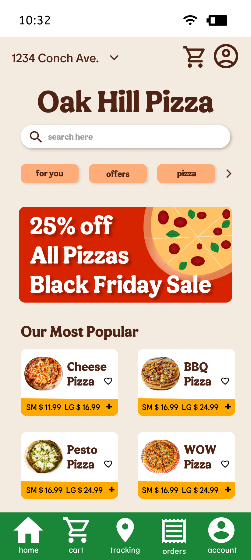 Oak Hill Pizza mobile app home screen showing featured deals and pizza cards from my XD 370 project.